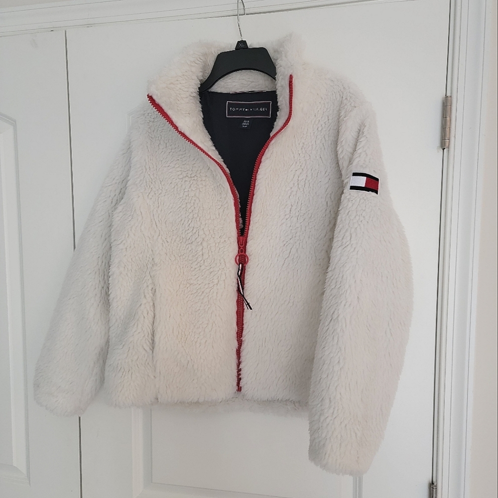 🇺🇲 Tommy Hilfiger fleece zip up jacket with contrast red zipper and flag logo - Picture 1 of 14